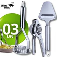 Combo 3 Peças-1 Amassador de Batatas Casa Culinária 1 Espremedor de Limão 1 Cortador de Queijo Fatiador  Pizza Limonada