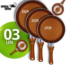 Frigideiras Antiaderente Cor Cobre 25/21/17Cm  Com Revestimento De Cerâmica Grelhar Moderna Cozinha Presente Mães