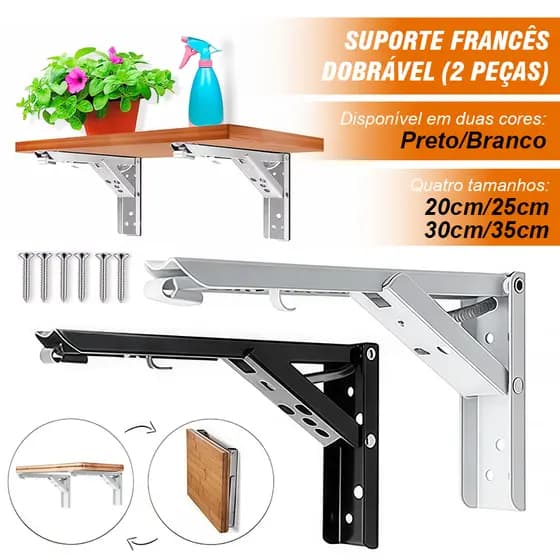 Kit 2 Mão Francesa Dobrável Suporte Reforçado Branca Preta Cantoneira 20cm 25cm/30cm/35cm
