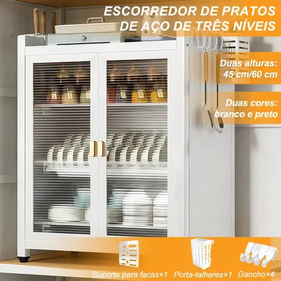 Armário De Cozinha Escorredor De Louças Pratos Talheres Organizador 3 Andares Aço Prateleira De Louças Preto Branco