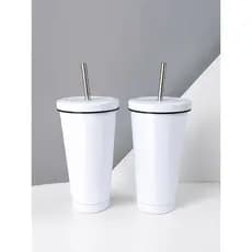 2 Copos Térmicos Brancos 500ml Sublimáticos com Tampa e Canudo