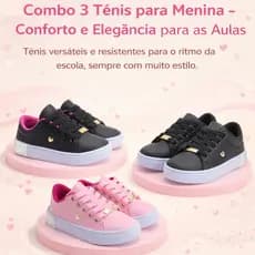 Promoção 3 Pares Tênis Infantil Feminino Leve e Confortável Dia a Dia Escolar Antiderrapante