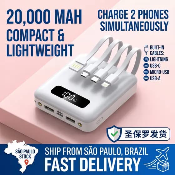 Carregador portátil de 2.000mAh, equipado com 4 cabos de carregamento rápido LED Digital Power Bank
