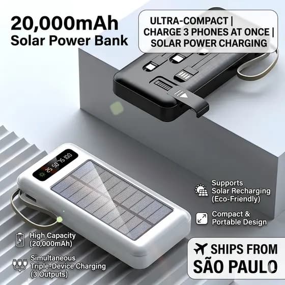 20.000mah Carregador Portátil Power Bank Solar 5 Em1 LED lanterna COM Saida 4 Cabos