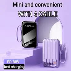 Mini Powerbank 20000mAh Carregamento Rápido 5 Saídas + 2 Entradas Portátil Embutido 3 Cabos Display LED Digital