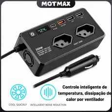 Inversor de Corrente 350W 12V para 110V/220V – 3 Portas USB + 1 Tipo-C ,Conversor de Energia para Carro e Viagem