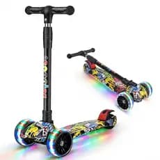 Patinete 4 Rodas com LED para Crianças Dobrável e Guidão Ajustável Estilo Graffiti ，Presente de aniversário