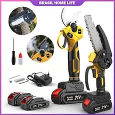 Kit Motosserra Elétrica e Tesoura de Poda Bivolt 2 Baterias Autonomia Ideal para Poda e Corte