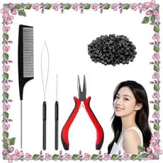 Conjunto de 104 ferramentas para extensão de cabelo, microanéis revestidos de silicone, alicate, pente, agulha de crochê