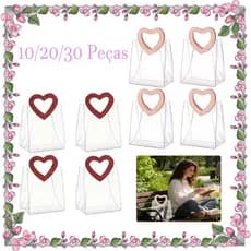 20x18x10cm, 10/20/30 peças de saco de presente de plástico de PVC transparente, com alça em formato de coração, reutiliz