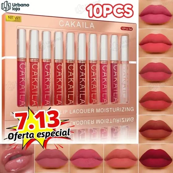 Conjunto de 10 batons líquidos matte, longa duração de 24 horas, à prova d'água, não transfere e é à prova de copos -UR