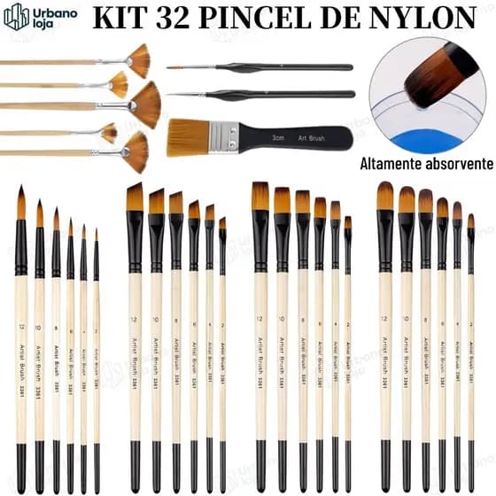 Kit 32 Peças Pincéis De Pintura Para Acrílica Cerdas De Nylon Premium Com Redondo Filbert Plano Ventilador 32PCS-UR