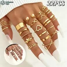 22 pçs Conjunto De Anel - Dourado/ Prata , Descoloração resistente ,  À moda Joias para Mulheres-UR