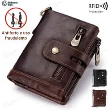 Carteira Feminina com RFID Anti-Furto + Corrente - Carteira de Couro com Múltiplos Zíperes (Marrom)-UR