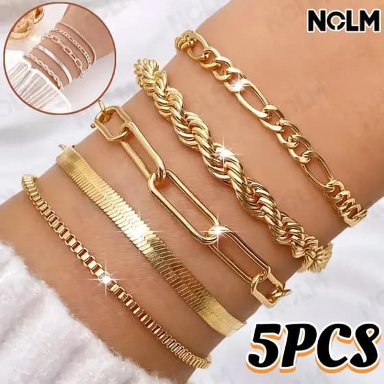 Conjunto 5 Pulseiras Douradas Vintage com Cristal Feminino, Acessórios de Jóias Estilosos