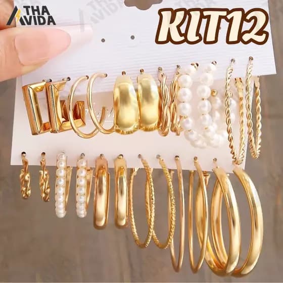 KIT12 Conjunto Elegante Brinco Com Argola De Ouro Brincos De Pérola Para Mulheres Joias Acessórios 12PCS