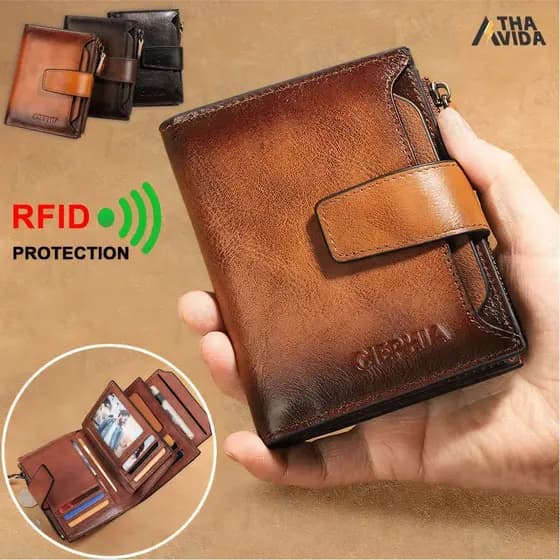 Carteira Antifurto Masculina De Couro Legítimo Vintage De Trifold E Bifold À Escolha-A