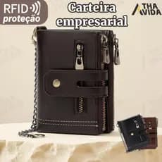 Carteira de Couro Genuíno Masculina Proteção RFID Corrente Estilosa Novidade para 2026 fina texturizada marrom preta