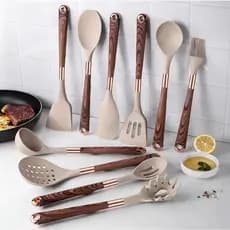 Kit Utensílios Cozinha Silicone 11 Peças Cabo Madeira Não Risca Panela Jogo Completo Com Suporte