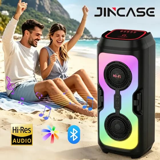 Caixa de som Bluetooth portátil com bateria de longa duração e iluminação ambiente RGB, perfeita para praias e festas
