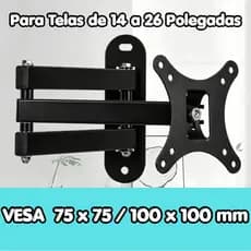 X100 - Suporte TV e Monitor Parede Articulado Braço Ajustável Lcd Led Plasma 14-26" VESA 75x75/100x100mm