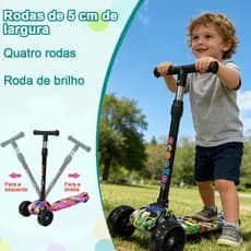 Patinete Infantil 4 Rodas Luz LED Ajustável Menino Menina Cores Variadas Até 50kg