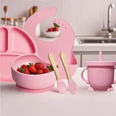 Kit Alimentação Bebê Silicone 6/8/10 Peças Prato Divisórias Talheres Antiderrapantes Copo Canudo