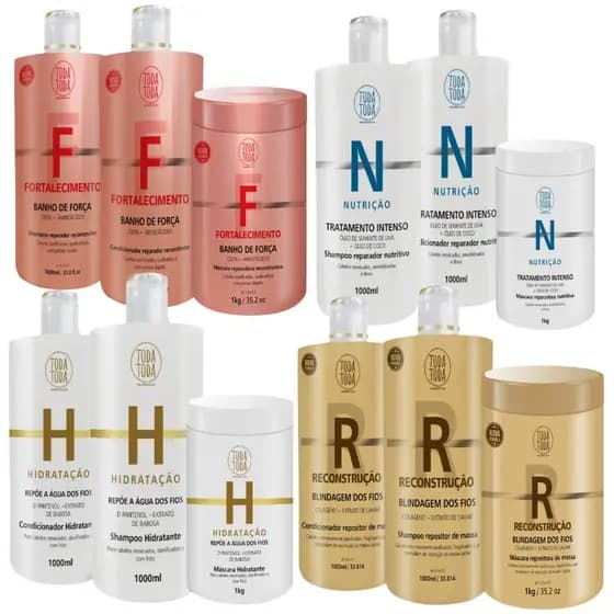 Kit 12 Itens Completo Cronograma Capilar 1L Shampoo, Condicionador e Máscara - Toda Toda Cosmetics