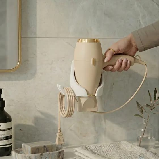 Suporte Secador de Cabelo de Parede com Porta Cabos e Fácil Fixação Dupla Face ou Parafuso