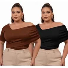 Blusa Plus Size Transpassada Feminina Manga Curta Canelada Elegante Casual Blusinha da Moda Regata Pus