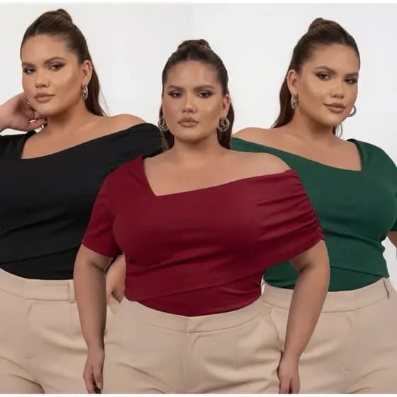 Kit 3 Blusa Canelada Feminina Plus Size Blusa Transpassada Feminina Manga Curta