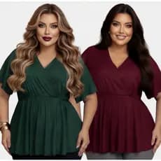 Kit 2 Blusa Plus Size Fresca Decote V Soltinha Bata Mangas Curta Peplum batinha