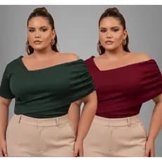 Kit 2 Blusa  Plus Size  Transpassada Feminina Manga Curta  Canelada Elegante Casual Ombro a Ombro Ciganinha