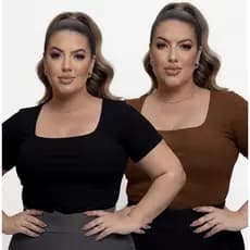 Kit 2 Blusa  Plus Size Social Blusinha Decote Quadrado Estilosa Básica Verão Dia Fresquinha Estilosa