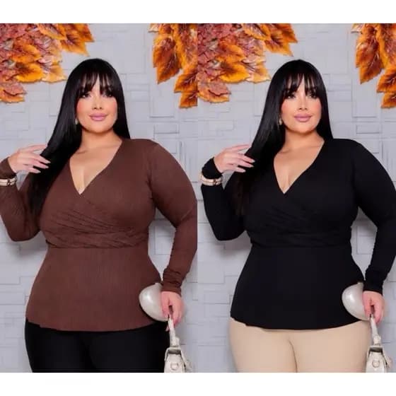 Blusa  Plus Size Feminina Manga Longa Blusinha Cacharel Soltinha Camiseta Malha Canelada