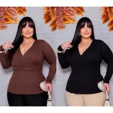 Blusa  Plus Size Feminina Manga Longa Blusinha Cacharel Soltinha Camiseta Malha Canelada