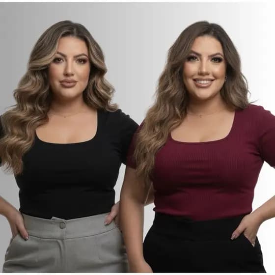 Kit 2 Blusa Feminina Plus Size Estilosa Decote Quadrado Social Elegante Básica Manga Curta