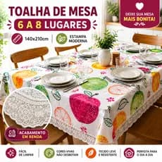 Toalha de Mesa Impermeável 6 a 8 Lugares 140x210cm Estampada com Renda Lavável Cozinha |4170| Novidade