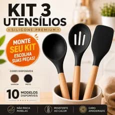 Kit 3 Utensílios Silicone Premium Cabo Madeira Concha Colher Espátula Antiaderente |8831-KIT| Novidade