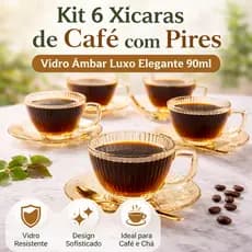 Kit 6 Xícaras de Café com Pires Vidro Âmbar Luxo Elegante 90ml Café e Chá |JGXC084/AB|
