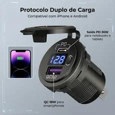 Tomada Carregador Carro Usb Tipo C Pd3.0 Voltimetro Vermelho VPL-3304