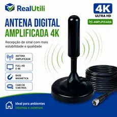Antena Digital 4k Smart Tv Full Hd Amplificada Interna E Externa Cabo 5 Metros Base Imã - RealUtili