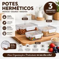 Kit 3 Potes Herméticos Quadrados com Trava 380ml 160ml 60ml Empilhavel