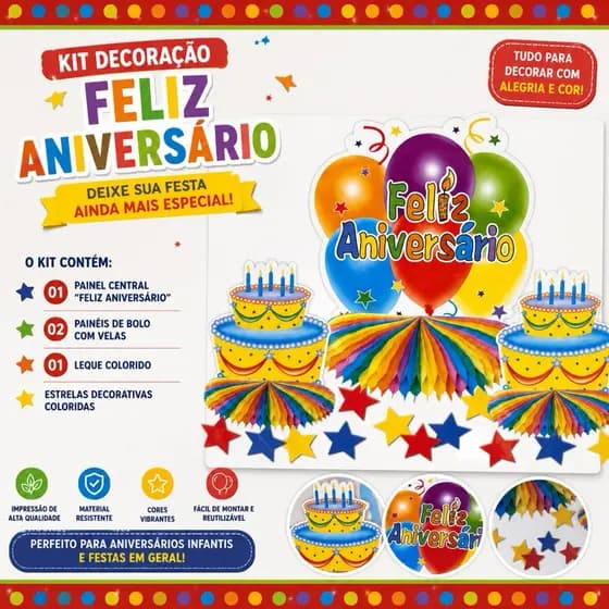 Kit Decoração Feliz Aniversário Colorido Painel Festa Infantil Enfeite Mesa Completo topo bolo
