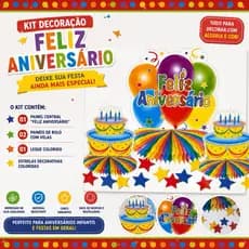 Kit Decoração Feliz Aniversário Colorido Painel Festa Infantil Enfeite Mesa Completo topo bolo