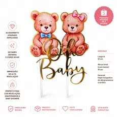 Topo de Bolo Baby Ursinhos Dourado Chá de Bebê Chá Revelação Parabéns Aniversário Mês Versario