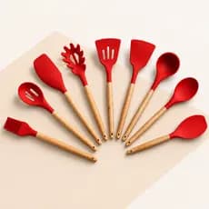 Kit 9 Utensílios Cozinha Silicone com de Cabo Madeira Premium - Cinza / Preto / Vermelho / Azul