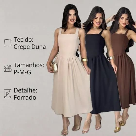 Vestido Feminino Crepe Duna Forrado Midi Rodado Alça Larga Elegante Festa Casamento Formatura Encontro Passeio Moda