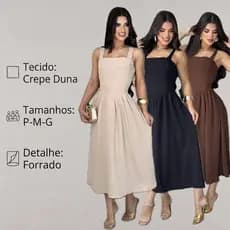 Vestido Feminino Crepe Duna Forrado Midi Rodado Alça Larga Elegante Festa Casamento Formatura Encontro Passeio Moda
