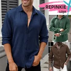 Camisa Masculina Casual Cor Sólida de Manga Longa com Botões na Frente Camisa Minimalista